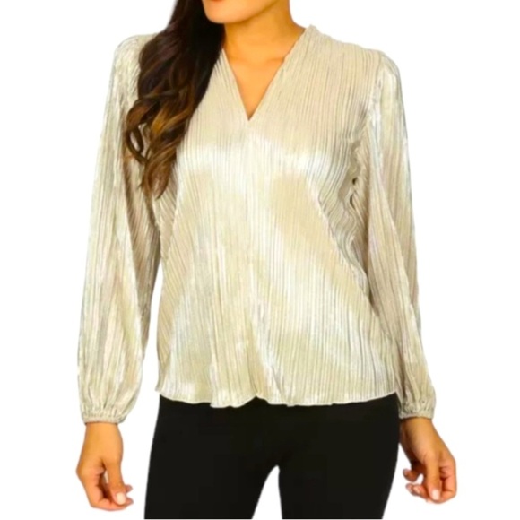 Chenault Metallic Gold V-Neck Women’s long Sleeve Blouse Sz L - Picture 1 of 5